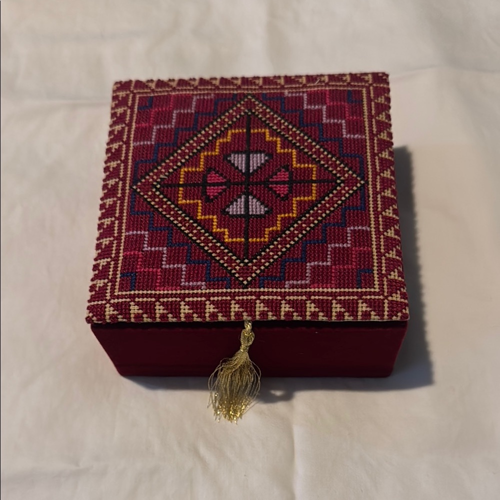 Embroidered Red Jewelry Box with Gold Tassel